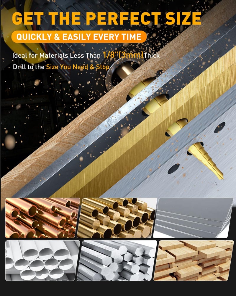 COMOWARE Step Drill Bit Set 5-Piece Titanium-Coated with Automatic Center Punch - Short Length, Double Cutting Blades, High-Speed Steel - Covering 50 Sizes, Complete with Aluminum Case - Image 5